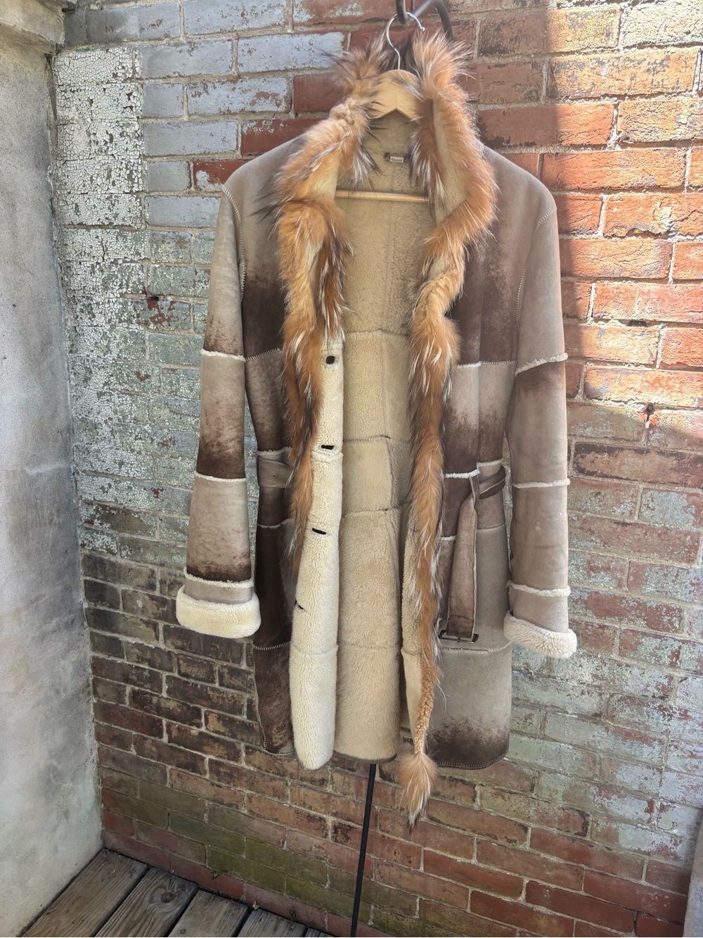 Shearling Coat with Fur Trim - Taupe/Cream